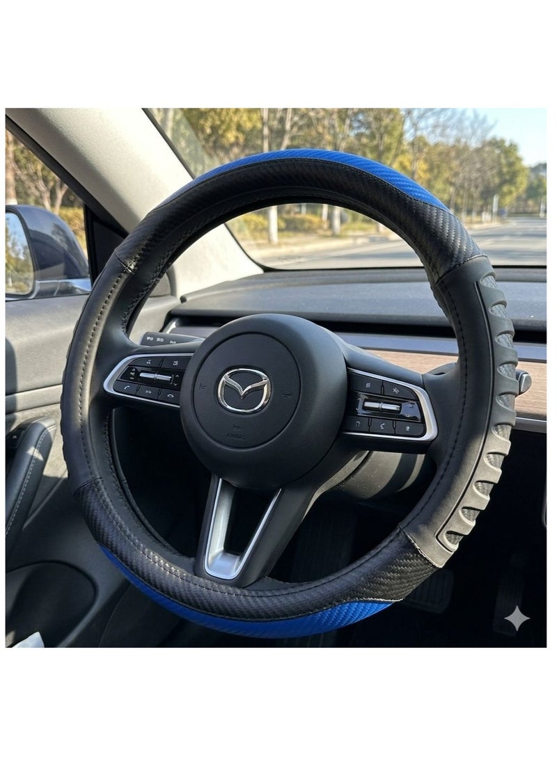 Universal Carbon Fiber & Sport Grip Steering Wheel Cover - Electric Blue & Black - Anti-Slip, Breathable & Heat Resistant - Fit for Cars & SUVs