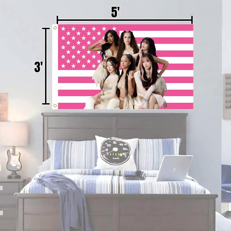 WENWELL Katseye Pink American Flag Tapestry, 3x5 FT Polyester Wall Hanging with Brass Grommets, Single-Side Print for Bedroom Studio Decor - Image 3