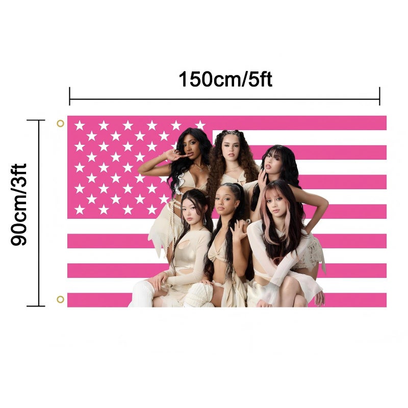 WENWELL Katseye Pink American Flag Tapestry, 3x5 FT Polyester Wall Hanging with Brass Grommets, Single-Side Print for Bedroom Studio Decor - Image 2
