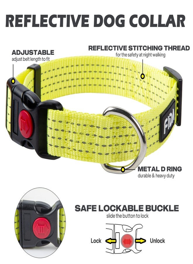 Fida Reflective Dog Collar, Nylon Dog Collars with Neon Colors for Small/Medium/Large Dogs, High Visibility Dog Collars with Safety Locking Buckle(Large, Neon Yellow) - Image 2
