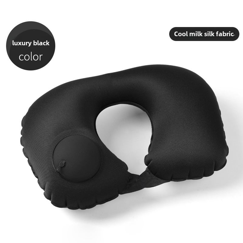 Portable Inflatable U-Shaped Pillow for Travel Luxury Black (Milk Silk)