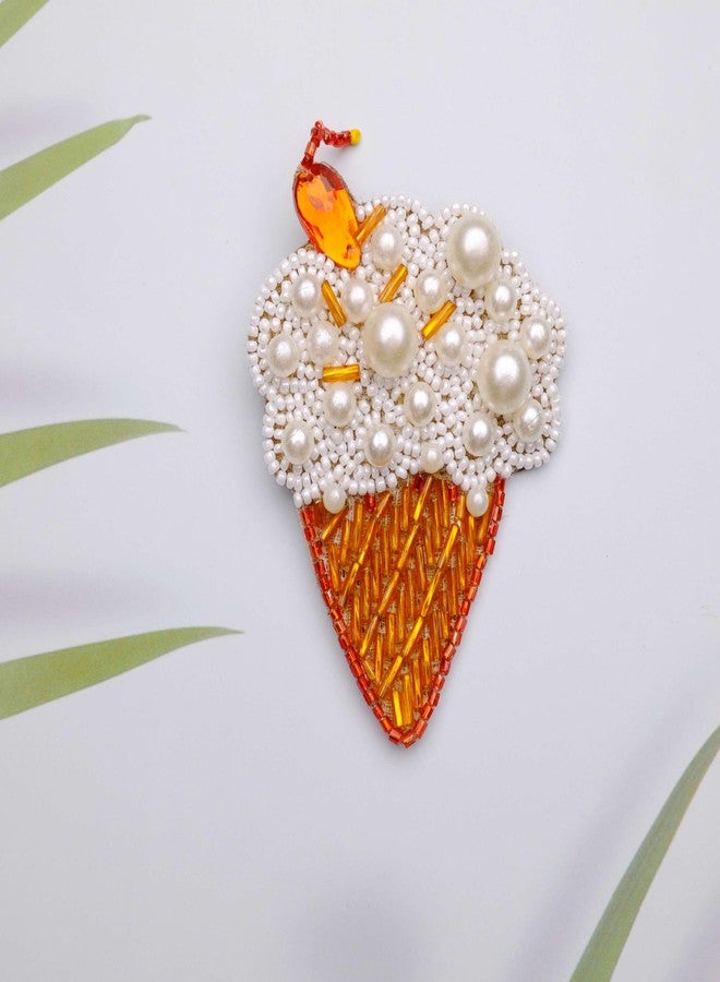 Abeo Handcrafted Ice Cream Cone Brooch, White Pearl and Orange Beads, 5-6 cm - Image 3