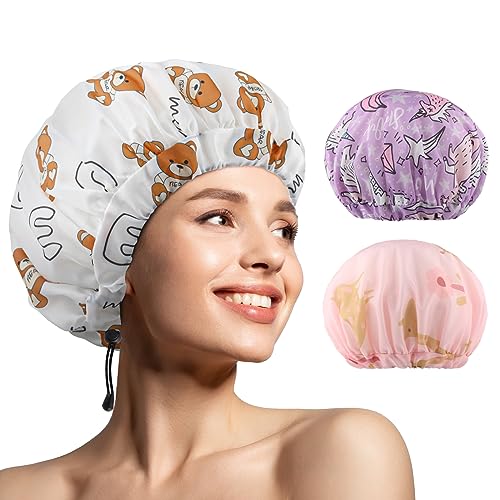 WINSTECK 3 PCS Shower Caps for Women, Upgrade Comfortable & Extra Large & Double Layers Waterproof Bath Cap, Oversized Designed Adjustable Hem Hair Cap for All Hair Lengths/Style - Image 1