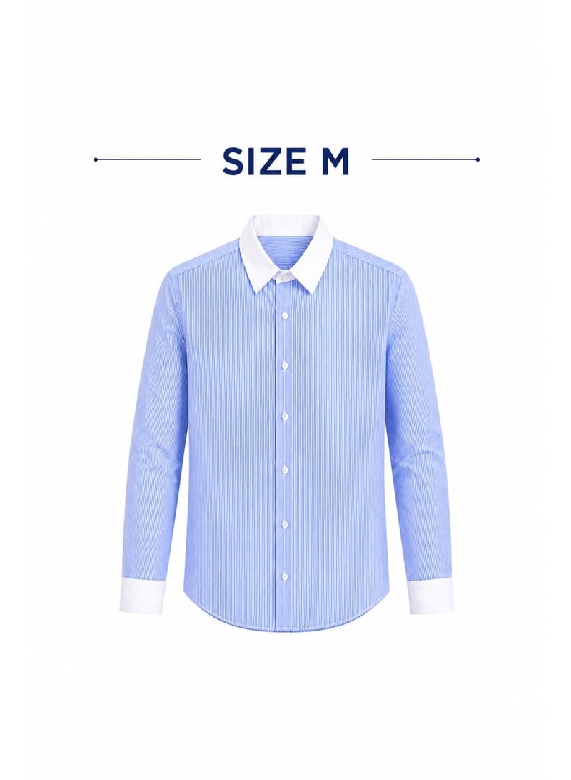 ZARA Women's Light Blue and White Striped Long Sleeve Shirt, Contrast White Collar and Cuffs, Classic Button Down Formal Casual Blouse, Elegant Women's Top, Size M - Image 2