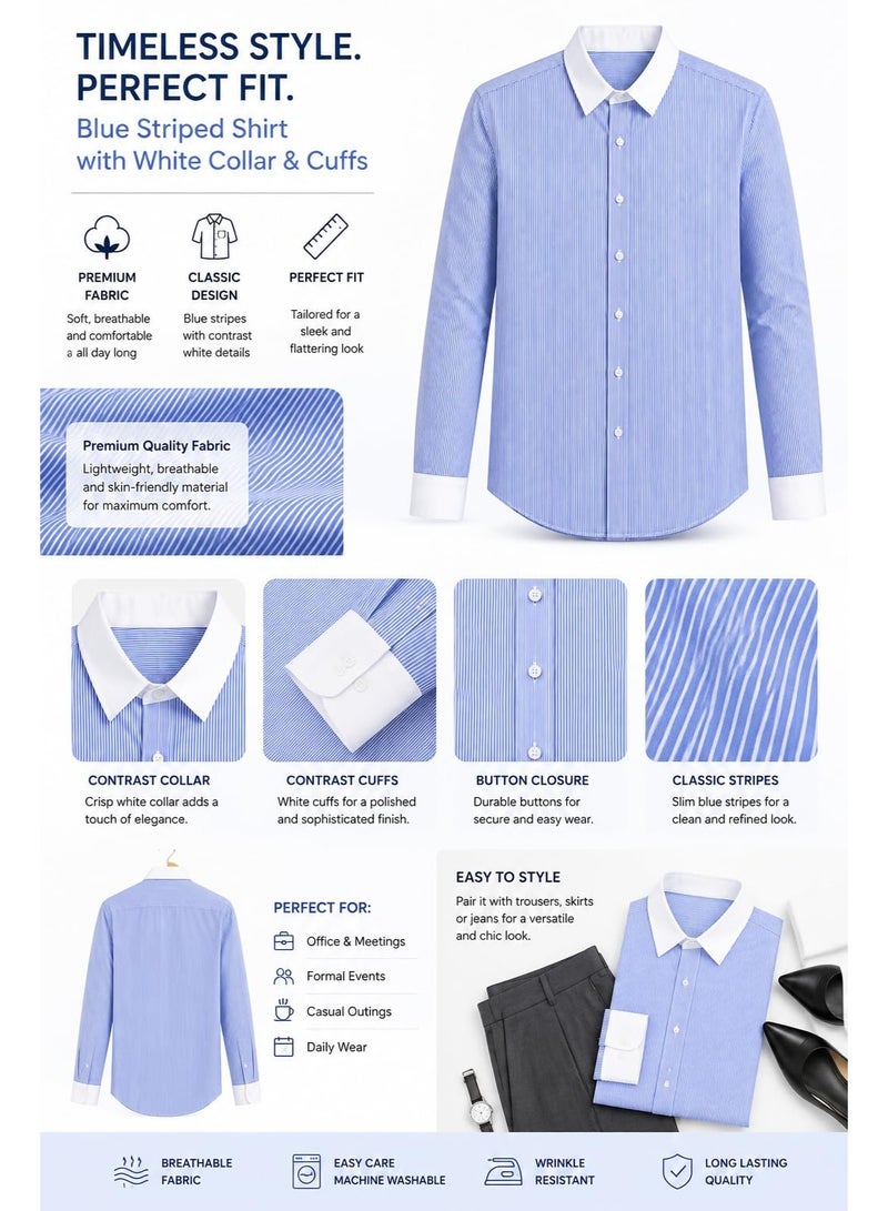 ZARA Women's Light Blue and White Striped Long Sleeve Shirt, Contrast White Collar and Cuffs, Classic Button Down Formal Casual Blouse, Elegant Women's Top, Size M - Image 4