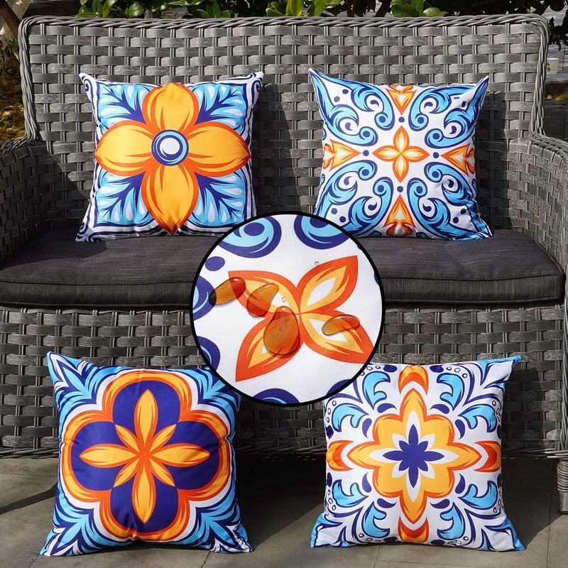 ONWAY Outdoor Pillow Covers Waterproof 16x16 Set of 4 Floral Boho Decorative Throw Cushion Cover Farmhouse Pillows for Bench Couch Patio Furniture - Image 1