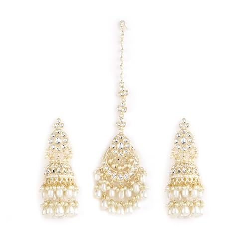 Rubans Gold-Toned Kundan Stone Mangtika Set with Pearls – Perfect for Weddings and Parties, Featuring Small and Big Stone Detailing - Image 1