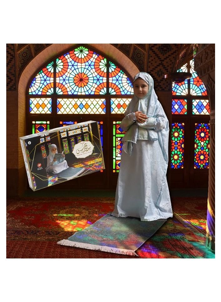 سندس سجادة صلاة مع ثوب صلاة وغطاء للمصحف للفتيات الصغيرات لعمر من 8 الى 13 سنوات -لون اخضر فيروزي - Image 3
