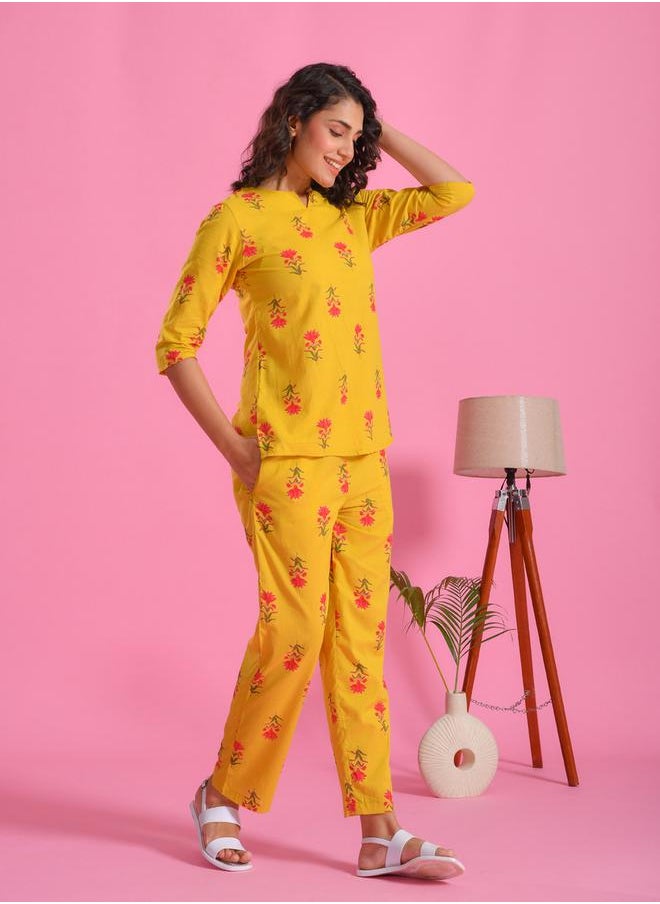 sanskrutihomes Pure Cotton Printed Notch Neck Top and Pyjama Set by Styli  - Image 4