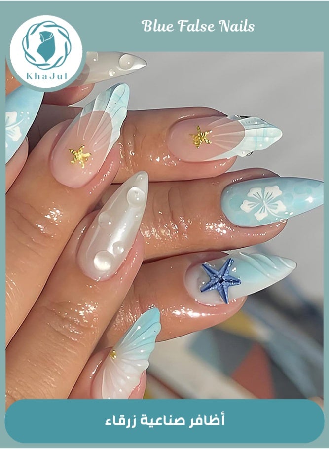 خاجول 24 طلاء أظافر مضغوطة باللون المشمشي، تصميم أنيق ثلاثي الأبعاد لنجمة البحر على شكل نجمة الراين، أطراف فرنسية متدرجة زرقاء، أظافر صناعية نسائية متوسطة الطول (أزرق) - Image 1