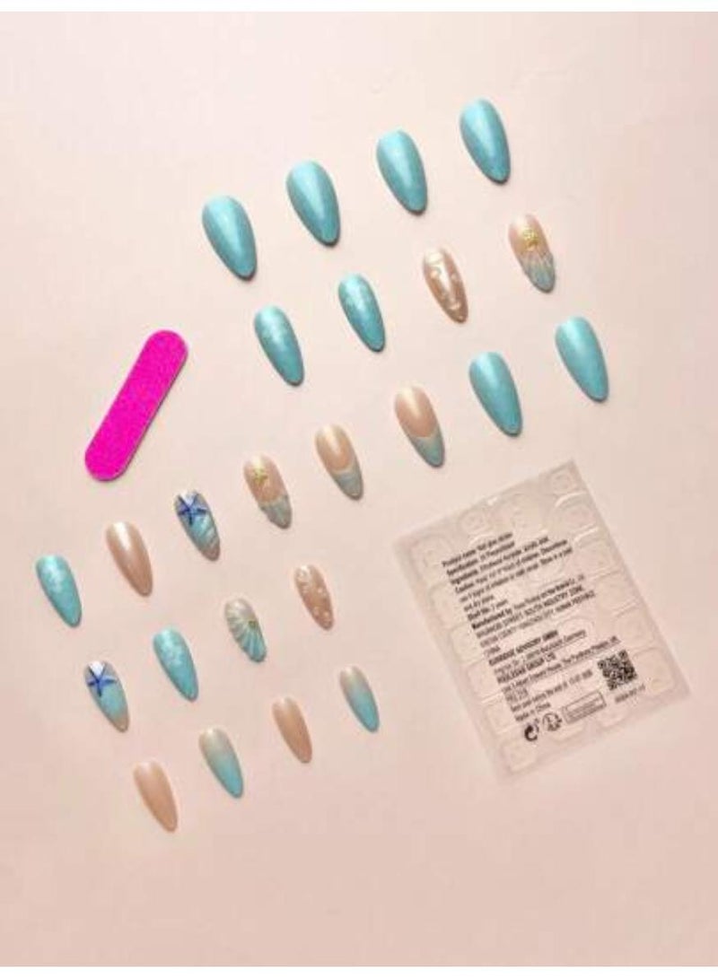 خاجول 24 طلاء أظافر مضغوطة باللون المشمشي، تصميم أنيق ثلاثي الأبعاد لنجمة البحر على شكل نجمة الراين، أطراف فرنسية متدرجة زرقاء، أظافر صناعية نسائية متوسطة الطول (أزرق) - Image 4