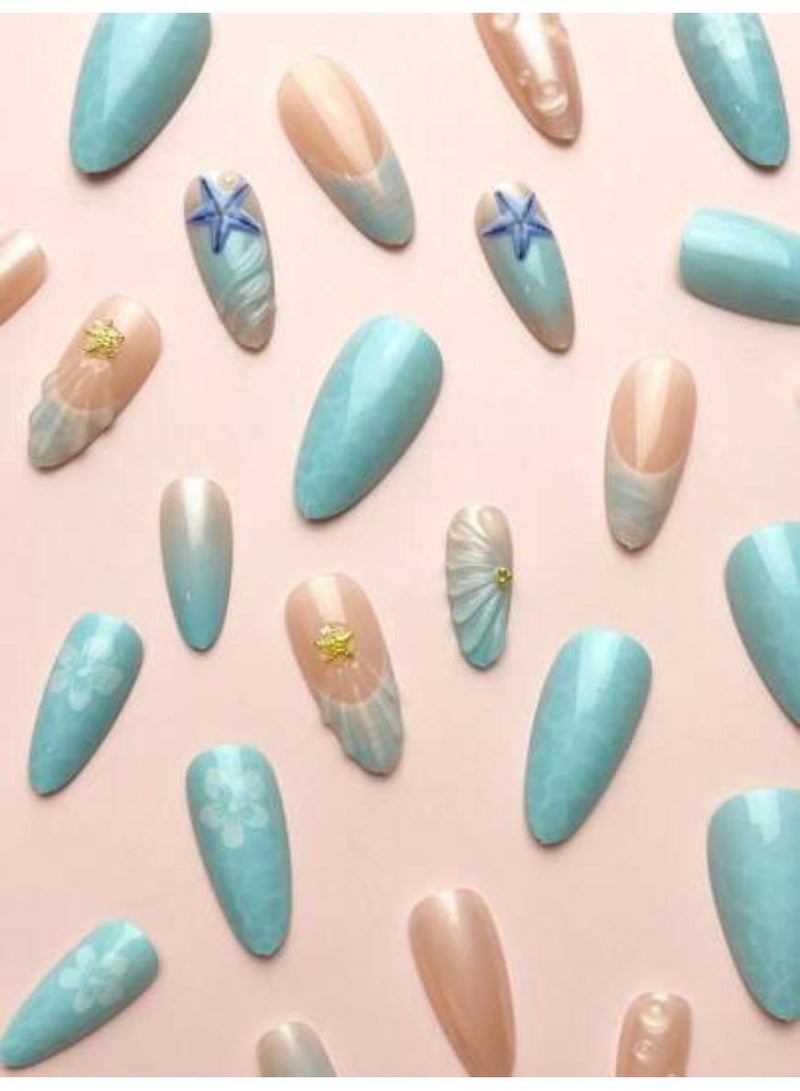 خاجول 24 طلاء أظافر مضغوطة باللون المشمشي، تصميم أنيق ثلاثي الأبعاد لنجمة البحر على شكل نجمة الراين، أطراف فرنسية متدرجة زرقاء، أظافر صناعية نسائية متوسطة الطول (أزرق) - Image 3
