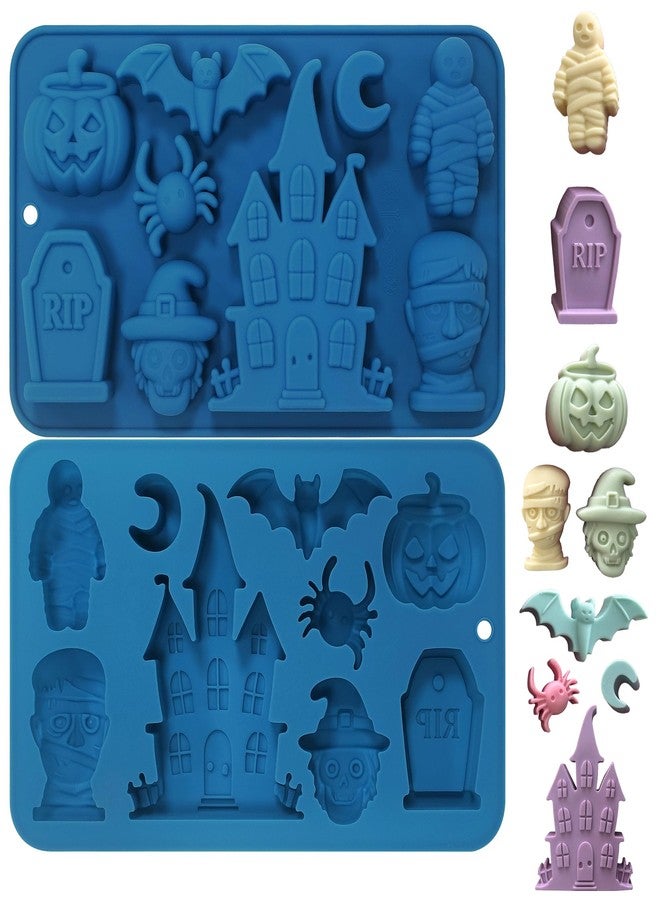 Sidosir 2PCS Halloween Castle Silicone Chocolate Candy Gummy Mold, Pumpkin, Bat, Spider Mold for Mousse Dessert, Halloween Themed Silicone Mummy, Tombstone Designs Molds for Cake Baking - Image 1