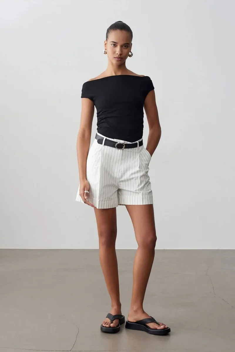 Dilvin Dusty White DILVIN High-waist Striped Belted Tailored Shorts for Women | Best Price UAE