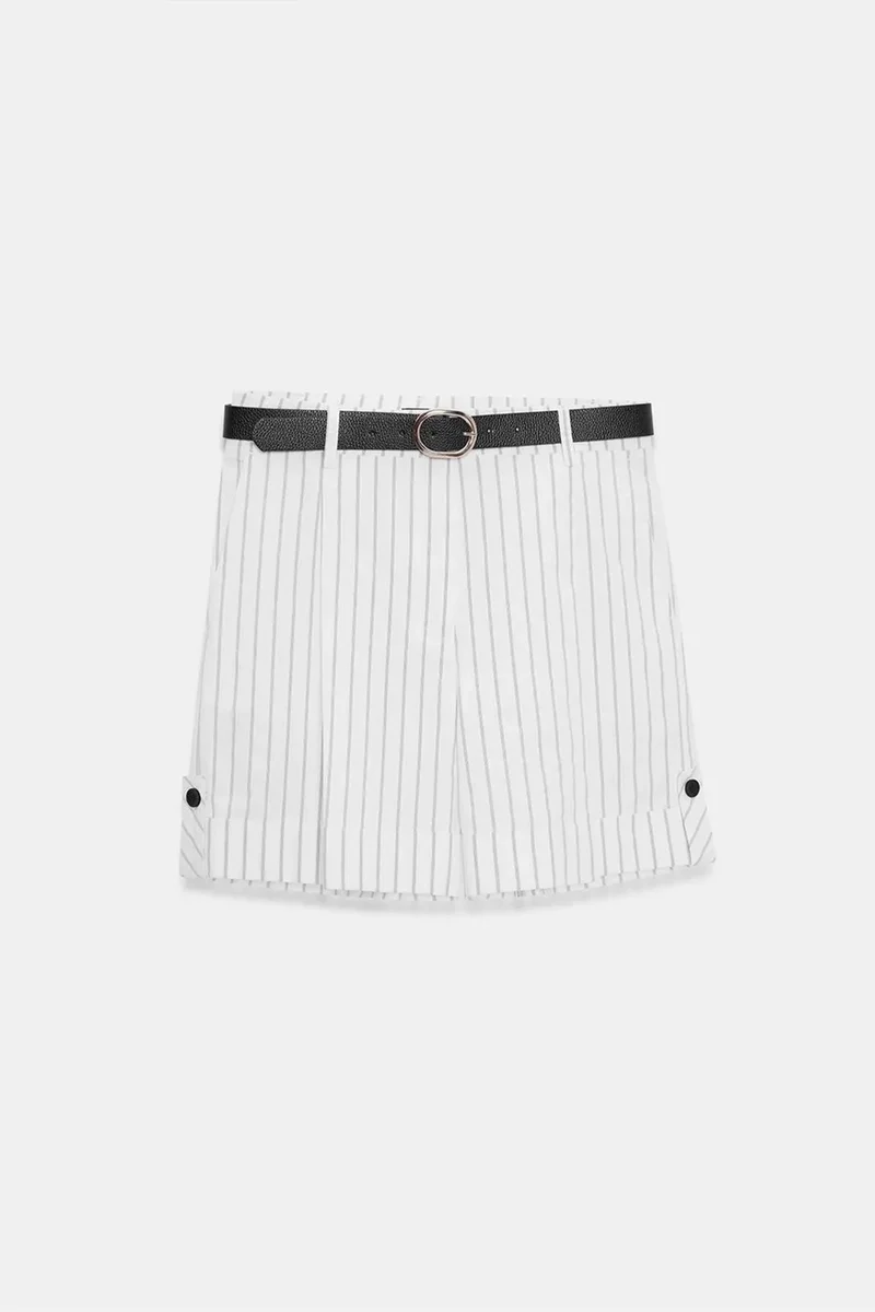 Dilvin Dusty White DILVIN High-waist Striped Belted Tailored Shorts for Women | Best Price UAE