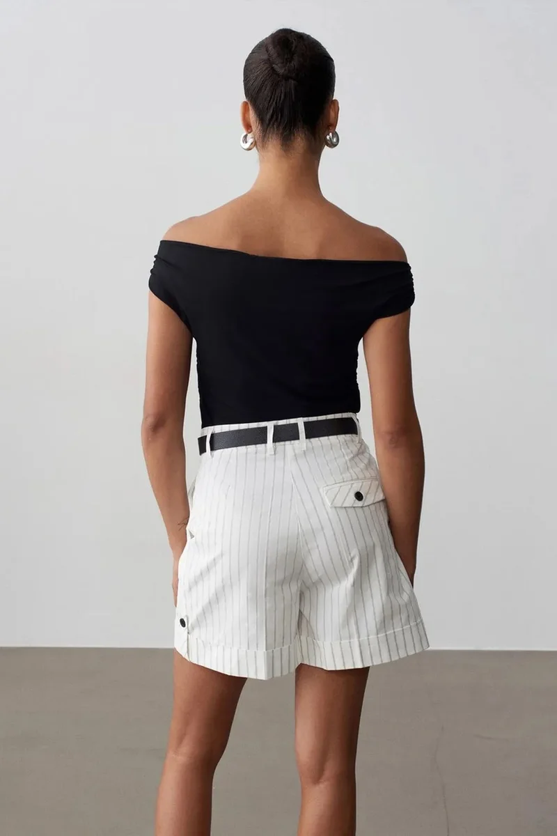 Dilvin Dusty White DILVIN High-waist Striped Belted Tailored Shorts for Women | Best Price UAE