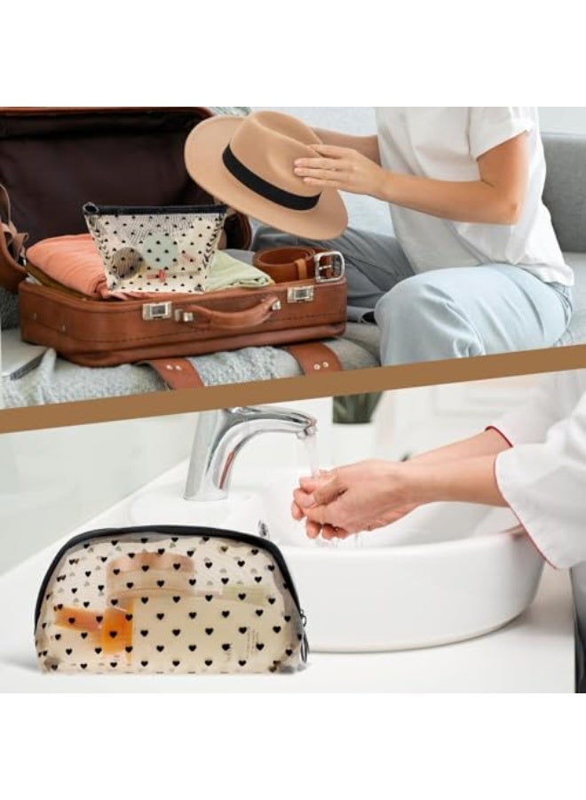 حقائب مكياج شبكية مزينة بنقشة قلوب، 4 قطع حقائب صغيرة بسحاب شبكية لمستحضرات التجميل النسائية، حقائب تنظيم إكسسوارات المكياج للسفر، حقيبة صغيرة لتخزين العملات المعدنية والمجوهرات - Image 3
