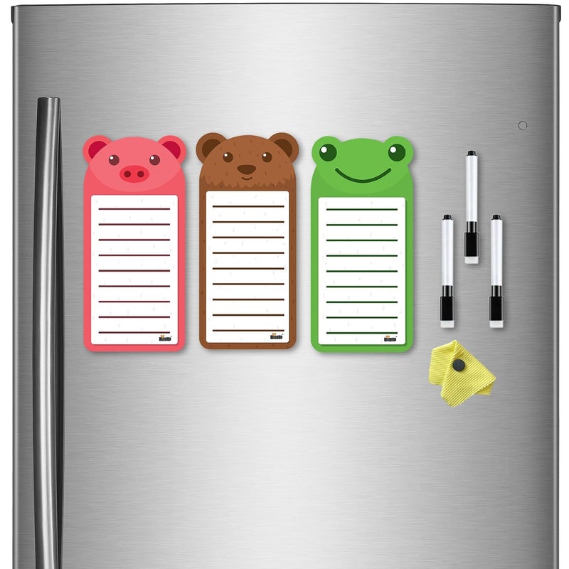Windup Magnetic to Do List Set, 3 Animal Designs with Markers, 10x21 cm Dry-Erase Boards, Fridge Organiser with Frog Bear Pig - Image 1