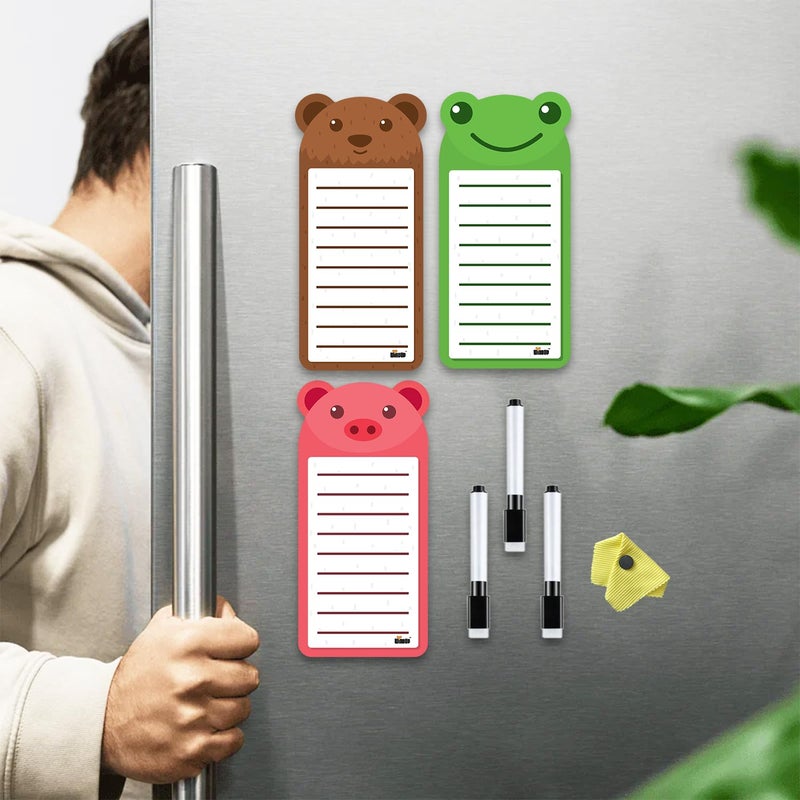 Windup Magnetic to Do List Set, 3 Animal Designs with Markers, 10x21 cm Dry-Erase Boards, Fridge Organiser with Frog Bear Pig - Image 2