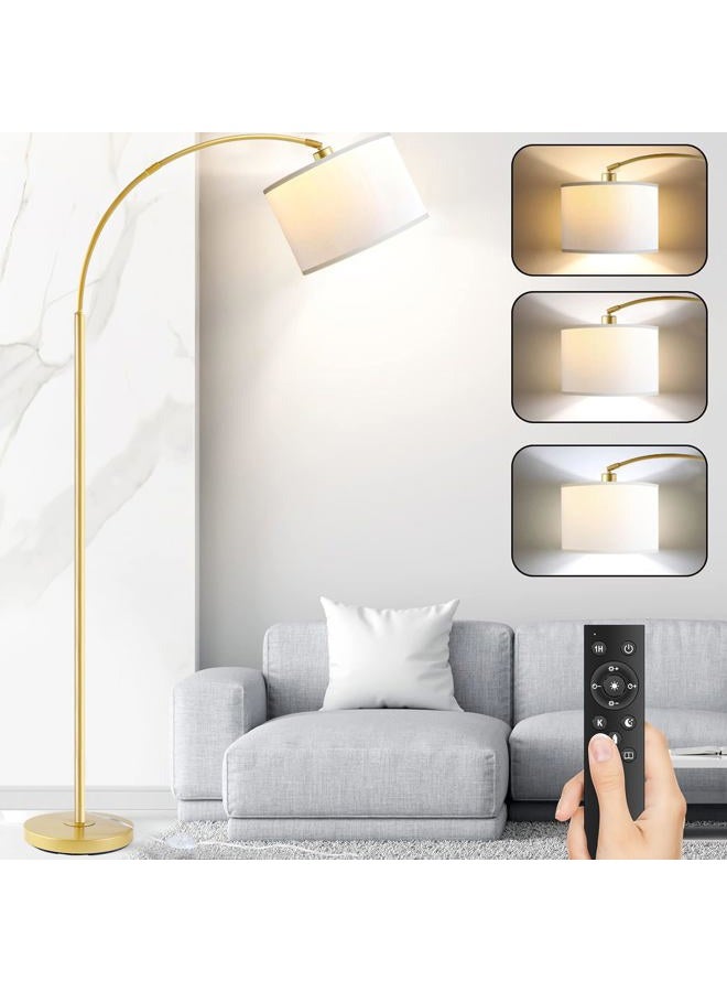 Bdrofn Arc Floor Lamps for Living Room, Modern Remote Control Standing FLamp with Stepless Dimmable, Gold Tall Lamp with White Drum Shade,Over Couch Arched Reading Light for Bedroom, Office(Bulb Included) - Image 1