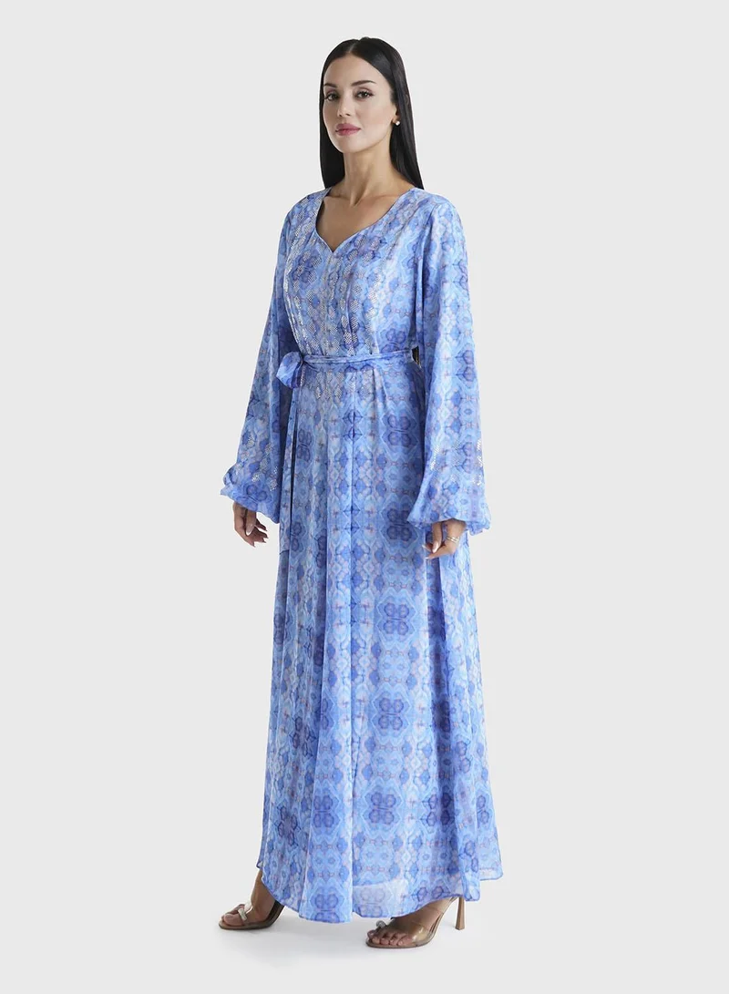 Kashkha  Blue Abstract Printed Faux Georgette Stone Work Maxi Dress (VW250) for Women | Best Price UAE