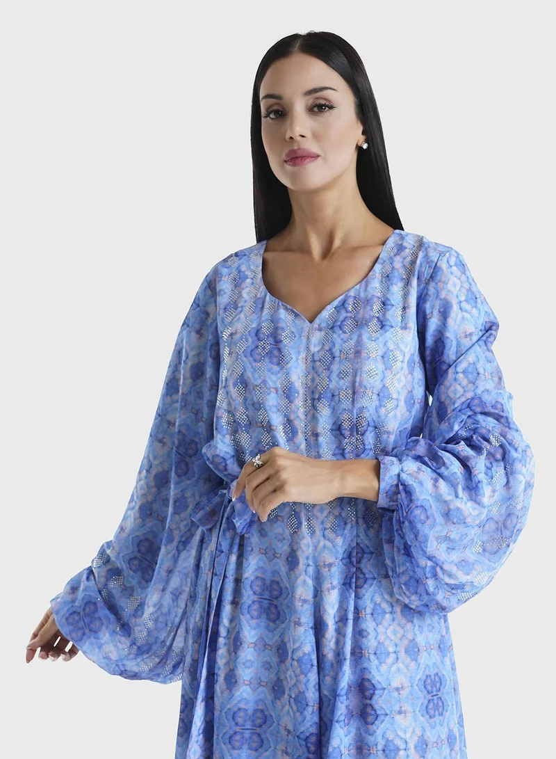 KASHKHA Blue Abstract Printed Faux Georgette Stone Work Maxi Dress (VW250)