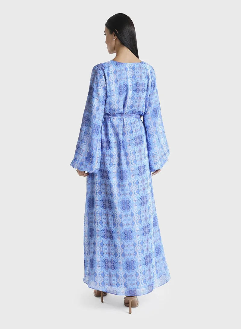 Kashkha  Blue Abstract Printed Faux Georgette Stone Work Maxi Dress (VW250) for Women | Best Price UAE