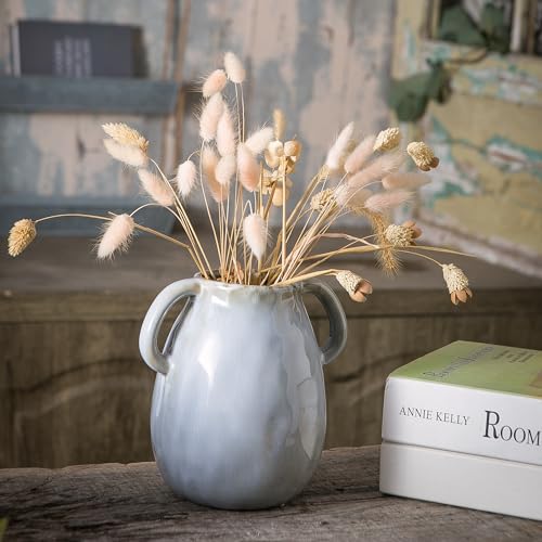 Tanvecle Gray Ceramic Vase with 2 Handles, Modern Farmhouse Decor, Rustic Terracotta Pottery, Decorative Flower Vases, Clay Small Vase, Centerpiece for Dining Table - 7 Inch Tall - Image 3