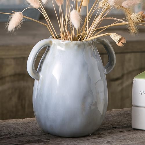Tanvecle Gray Ceramic Vase with 2 Handles, Modern Farmhouse Decor, Rustic Terracotta Pottery, Decorative Flower Vases, Clay Small Vase, Centerpiece for Dining Table - 7 Inch Tall - Image 1