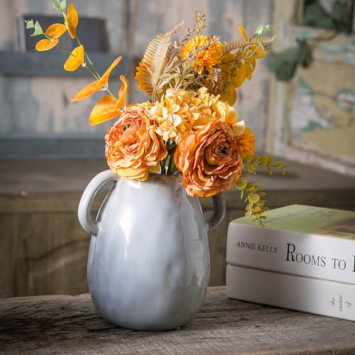 Tanvecle Gray Ceramic Vase with 2 Handles, Modern Farmhouse Decor, Rustic Terracotta Pottery, Decorative Flower Vases, Clay Small Vase, Centerpiece for Dining Table - 7 Inch Tall - Image 5