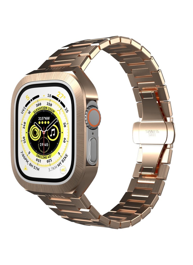LEVELO Royal Stainless-Steel Strap and Case for Apple Watch Strap 49MM / Premium Material / Bumper Protection Around the Screen / Anti-Corrosion / Adjustable Link - Rose Gold  - Image 1