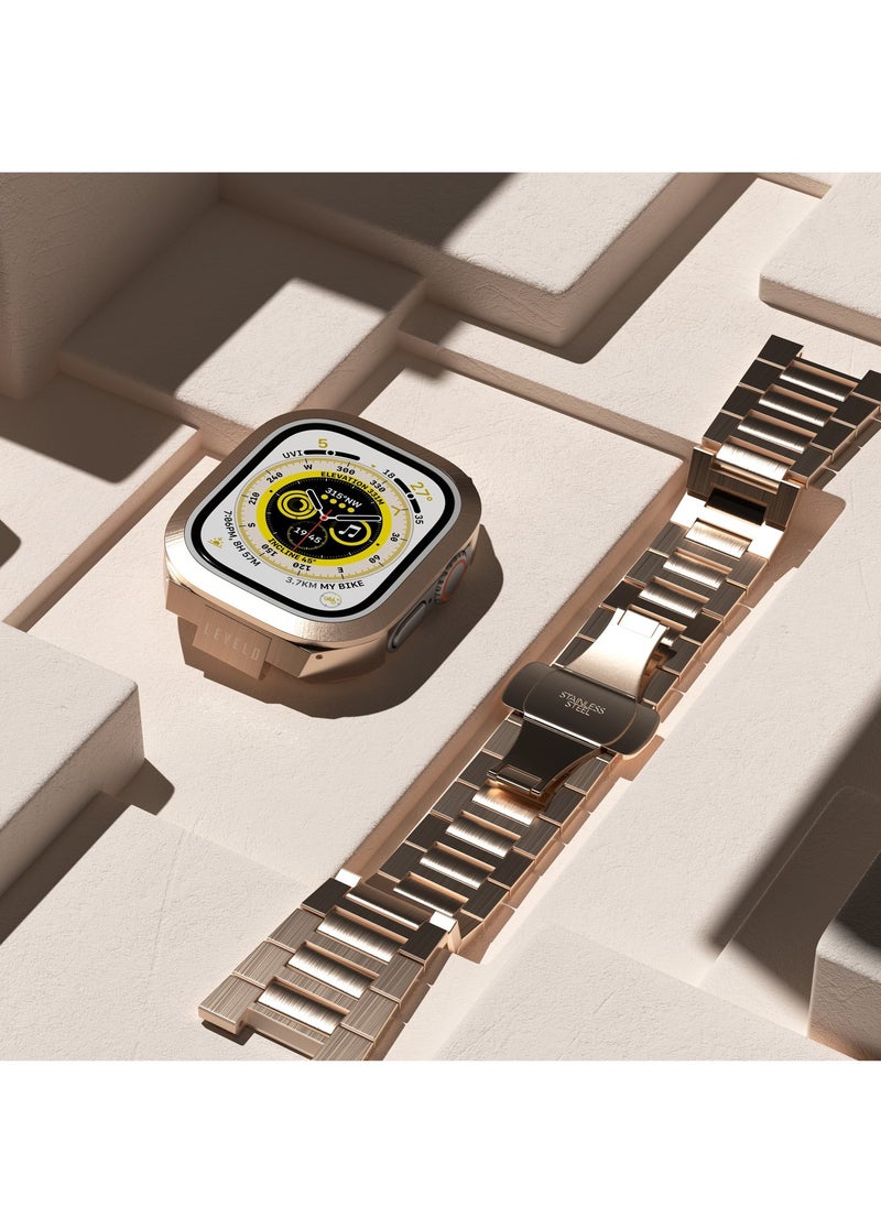 LEVELO Royal Stainless-Steel Strap and Case for Apple Watch Strap 49MM / Premium Material / Bumper Protection Around the Screen / Anti-Corrosion / Adjustable Link - Rose Gold  - Image 2