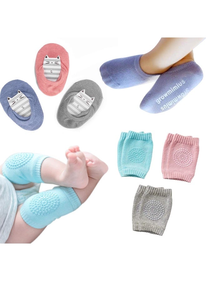 BOSONER Baby Crawling Anti-Slip Knee and Socks for Boys And Girls Best Infant Gift, Unisex Baby Toddlers Kneepads (Blue Pink Grey) 6-24 Months - Image 1
