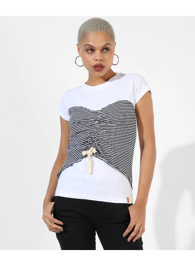 Campus Sutra Women's White Striped Regular Fit Top
