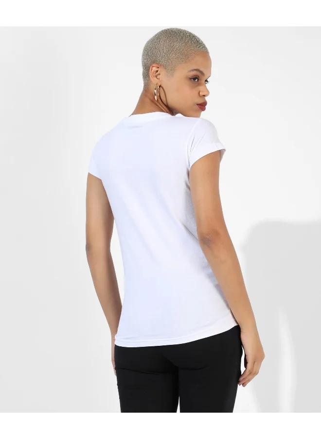 Campus Sutra Women's White Striped Regular Fit Top
