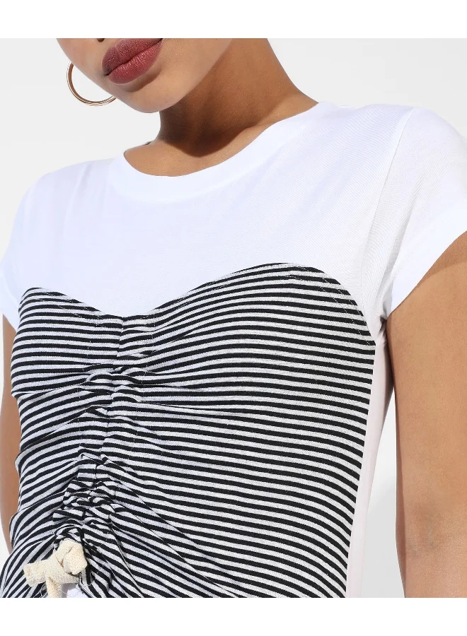 Campus Sutra Women's White Striped Regular Fit Top