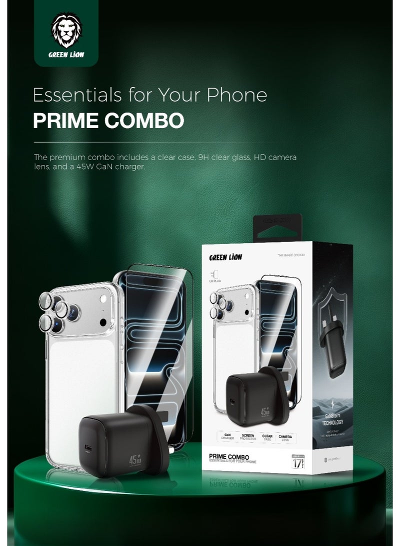 GREEN LION 4 in 1 Combo For iPhone 17 Pro Max Premium Combo Includes 45W GaN charger UK PLUG, Clear Case, HD camera lens, Screen Protector / Charge Safer & Faster / 9H Clear Glass / Crystal Clarity / Anti-Shock Case - Clear - Image 1