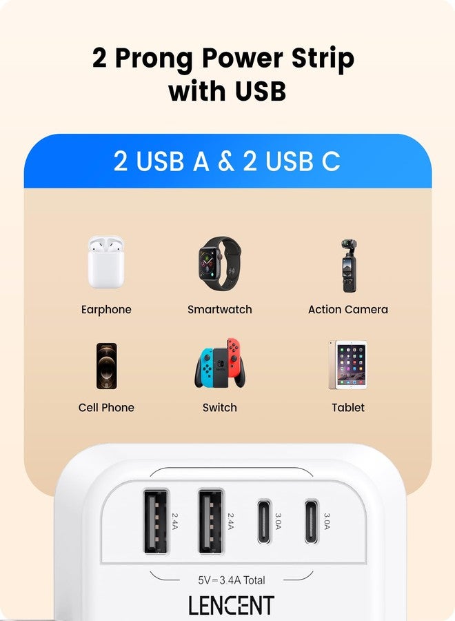 لينسينت شريط طاقة LENCENT ثنائي الأطراف، محول من 3 إلى 2 منفذ، 2 نوع C و2 USB، واقي من زيادة التيار، قابس مستقطب، موسّع واسع النطاق ثلاثي الجوانب، موزع صنبور حائط للمنافذ غير المؤرضة في المنزل القديم - Image 5