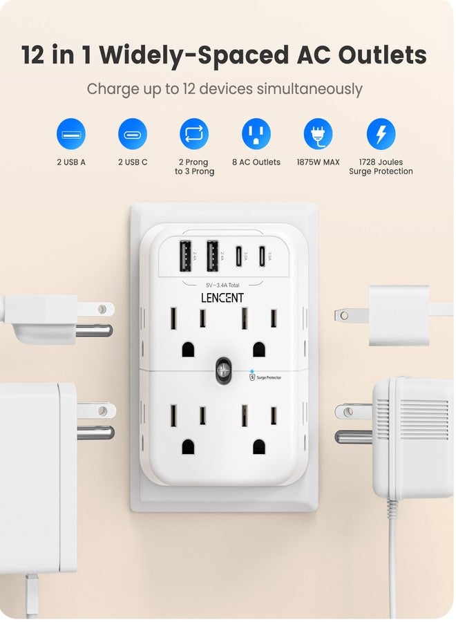 لينسينت شريط طاقة LENCENT ثنائي الأطراف، محول من 3 إلى 2 منفذ، 2 نوع C و2 USB، واقي من زيادة التيار، قابس مستقطب، موسّع واسع النطاق ثلاثي الجوانب، موزع صنبور حائط للمنافذ غير المؤرضة في المنزل القديم - Image 4