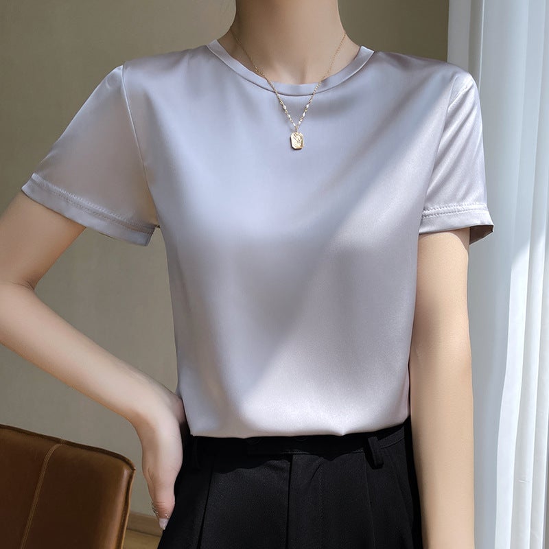 Acetic Acid Short-sleeved T-shirt Women's Summer New Style Top All-match High-grade Satin Crewneck V-neck - Image 1