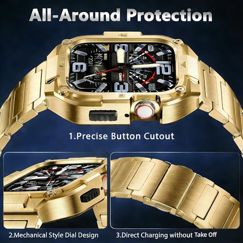 PanPinnacle Stainless Steel Case with Band Compatiable for Apple Watch Band 44mm -Rugged Metal iWatch Bumper Cover and Strap for Men iWatch Bands Series 6 5 4,Gold - Image 3