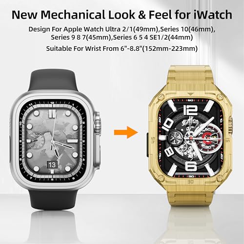 PanPinnacle Stainless Steel Case with Band Compatiable for Apple Watch Band 44mm -Rugged Metal iWatch Bumper Cover and Strap for Men iWatch Bands Series 6 5 4,Gold - Image 4