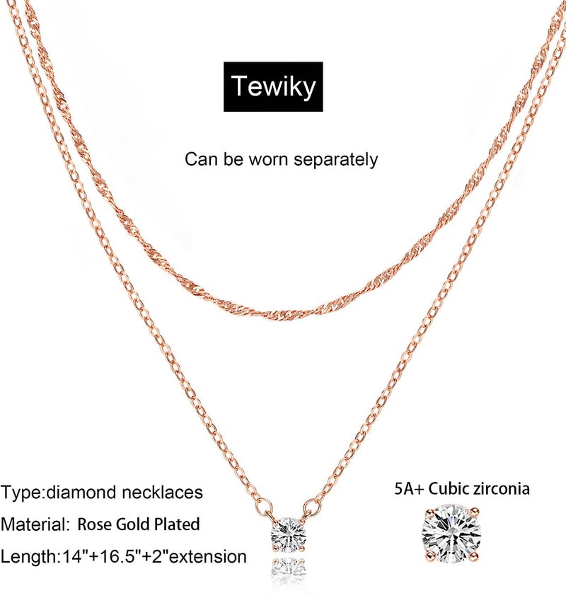 Tewiky Rose 14k Gold Plated Necklace, Layered Necklaces Chain Choker Necklaces for Women CZ Solitaire Simple Jewelry - Image 3