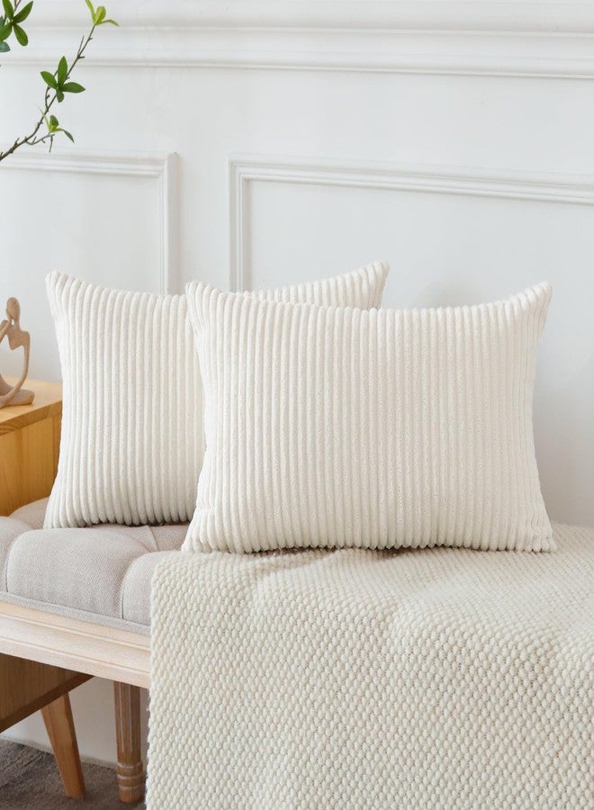 OTOSTAR Boho Decorative Throw Pillow Covers 16 x 24 Inch Soft Corduroy Solid Striped Pillow Covers Lumbar Cushion Case Couch Pillowcases for Sofa Bed Home Decor Pack of 2 (Beige White) - Image 4