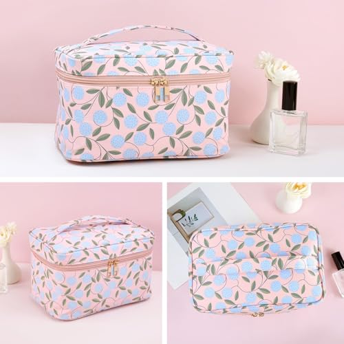 MAANGE Travel Makeup Bag, Cosmetic Bag, Portable Large Capacity Makeup Case, Make Up Organizer For Women, Oxford Cloth Toiletry Bag With Handle (Pink Plants) - Image 3