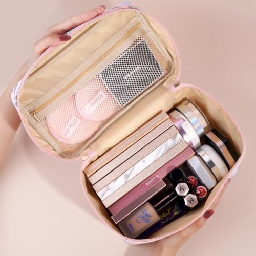 MAANGE Travel Makeup Bag, Cosmetic Bag, Portable Large Capacity Makeup Case, Make Up Organizer For Women, Oxford Cloth Toiletry Bag With Handle (Pink Plants) - Image 4