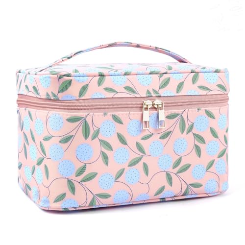 MAANGE Travel Makeup Bag, Cosmetic Bag, Portable Large Capacity Makeup Case, Make Up Organizer For Women, Oxford Cloth Toiletry Bag With Handle (Pink Plants) - Image 1