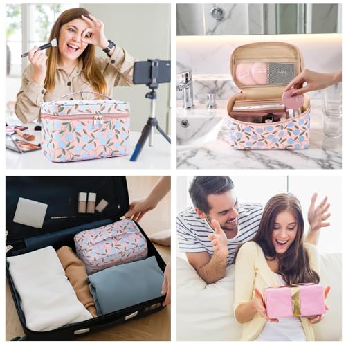 MAANGE Travel Makeup Bag, Cosmetic Bag, Portable Large Capacity Makeup Case, Make Up Organizer For Women, Oxford Cloth Toiletry Bag With Handle (Pink Plants) - Image 5