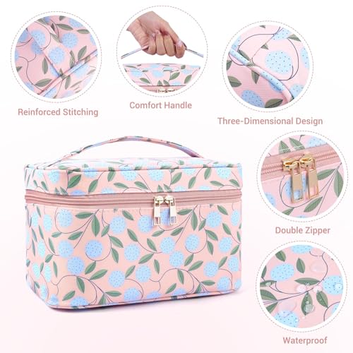 MAANGE Travel Makeup Bag, Cosmetic Bag, Portable Large Capacity Makeup Case, Make Up Organizer For Women, Oxford Cloth Toiletry Bag With Handle (Pink Plants) - Image 2