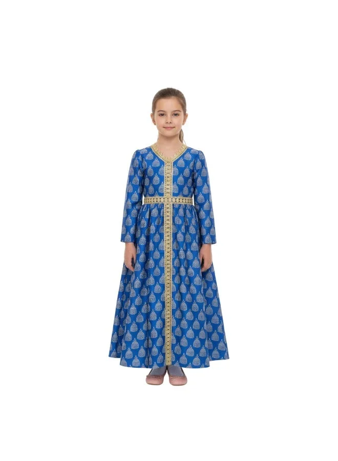 D'Daniela Noor Embroidered Blue Jalabiya Abaya with Tie-Up Belt and  Sleeves -for Girl